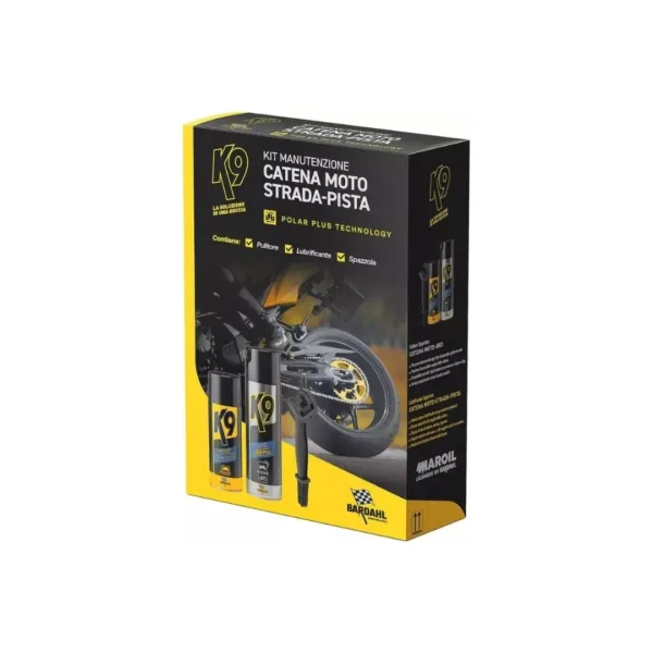 Kit manutenzione Bardahl per catena moto off-road – detergente, lubrificante, spazzola e panno per trasmissioni fuoristrada