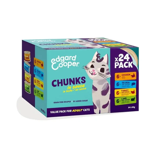 Edgard & Cooper Cibo Umido Gatti Multipack 24x85g – Bocconcini in Salsa Pollo, Salmone, Tacchino, Agnello – Alimento Naturale Completo - immagine 1