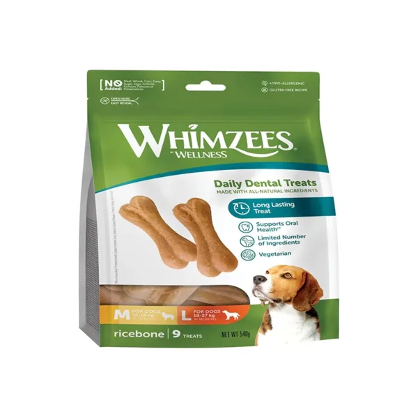 Whimzees - Snack Dentali Per Cani - Mastica a lunga durata - Osso di riso- Taglia M/L - Confezione da 9 pezzi - immagine 1