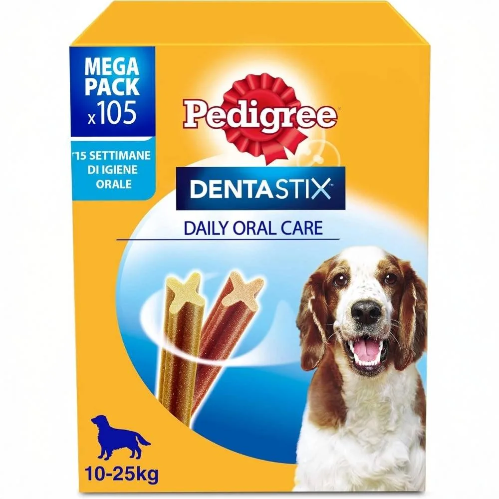 17355-jpg.webp Pedigree Dentastix per Cani Taglia Media 10-25 kg – 105 Bastoncini Igiene Orale – Snack Dentale 180g (15 Confezioni da 7 Pezzi)