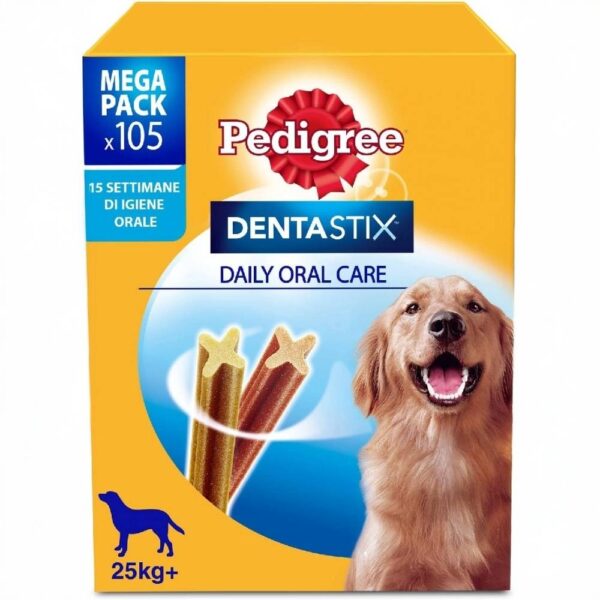 Pedigree Dentastix per Cani Taglia Grande +25 kg – 105 Bastoncini Igiene Orale – Snack Dentale 270g (15 Confezioni da 7 Pezzi)