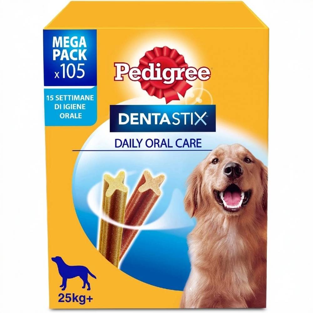 Pedigree Dentastix per Cani Taglia Grande +25 kg – 105 Bastoncini Igiene Orale – Snack Dentale 270g (15 Confezioni da 7 Pezzi)