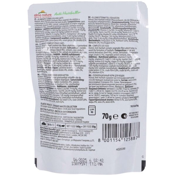 Almo Nature Anti Hairball Manzo – Cibo Umido Naturale per Gatti Adulti – 30 Bustine da 70g (2,1 kg Totali) – Contro i Boli di Pelo, Alta Qualità - immagine 3