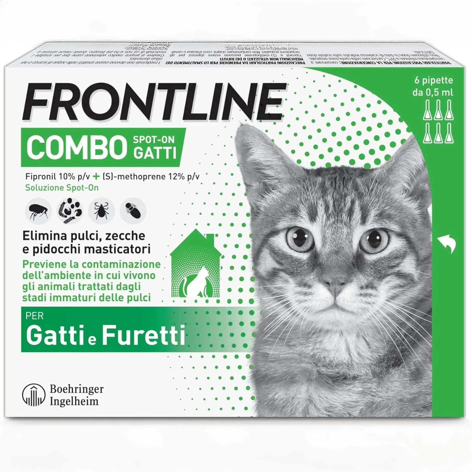 Confezione Frontline Combo per gatti e furetti – 6 pipette da 0,5 ml con azione antiparassitaria su adulti e stadi larvali dei parassiti Confezione Frontline Combo per gatti e furetti – 6 pipette da 0,5 ml con azione antiparassitaria su adulti e stadi larvali dei parassiti