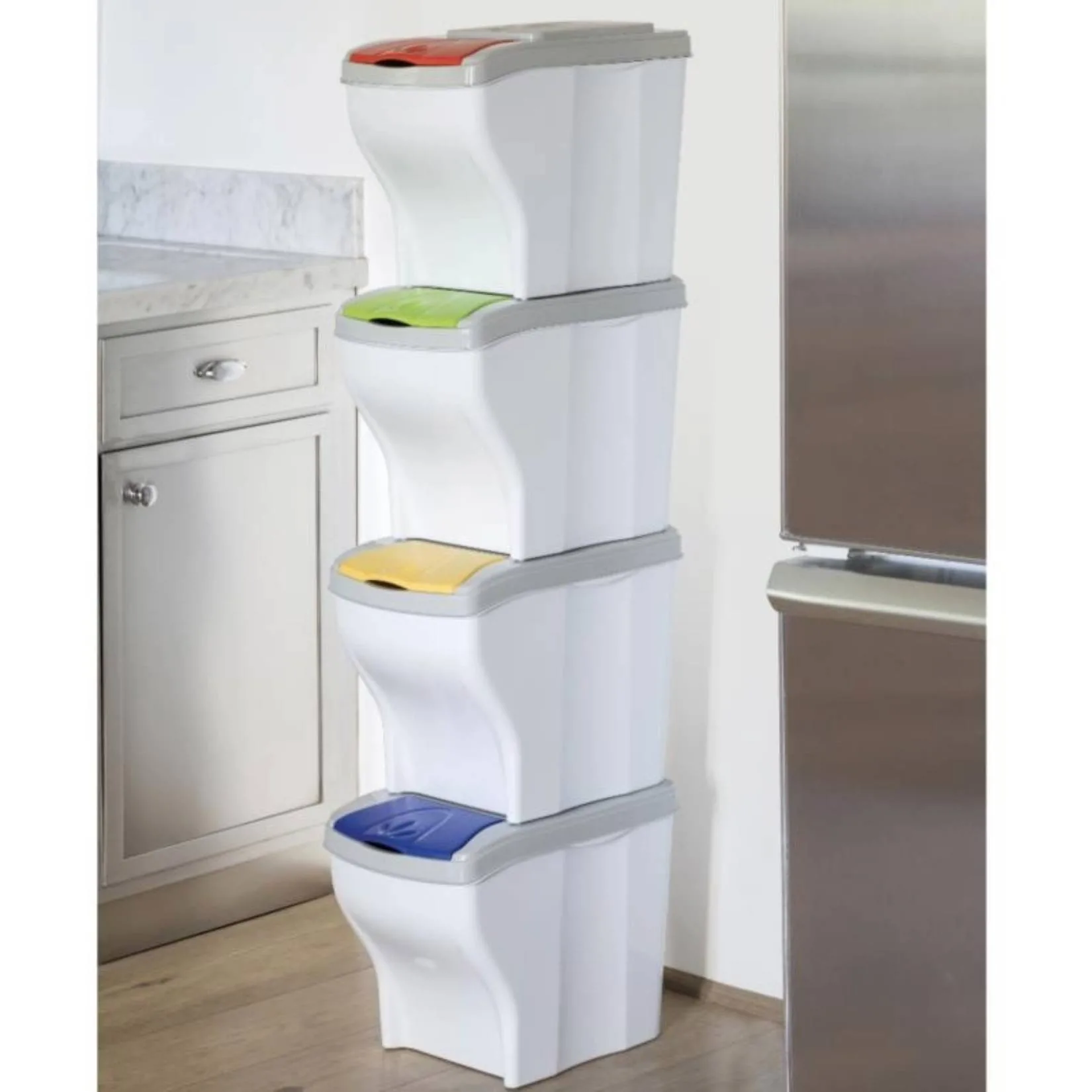 Bama – Set 4 Pattumiere Poker – Secchi Raccolta Differenziata 28x40x31 cm, Colori Assortiti, Impilabili e Salvaspazio - immagine 2