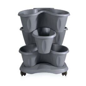 Set 3 vasi Trifoglio grigi da 30×51 cm con sottovaso e rotelle Bama