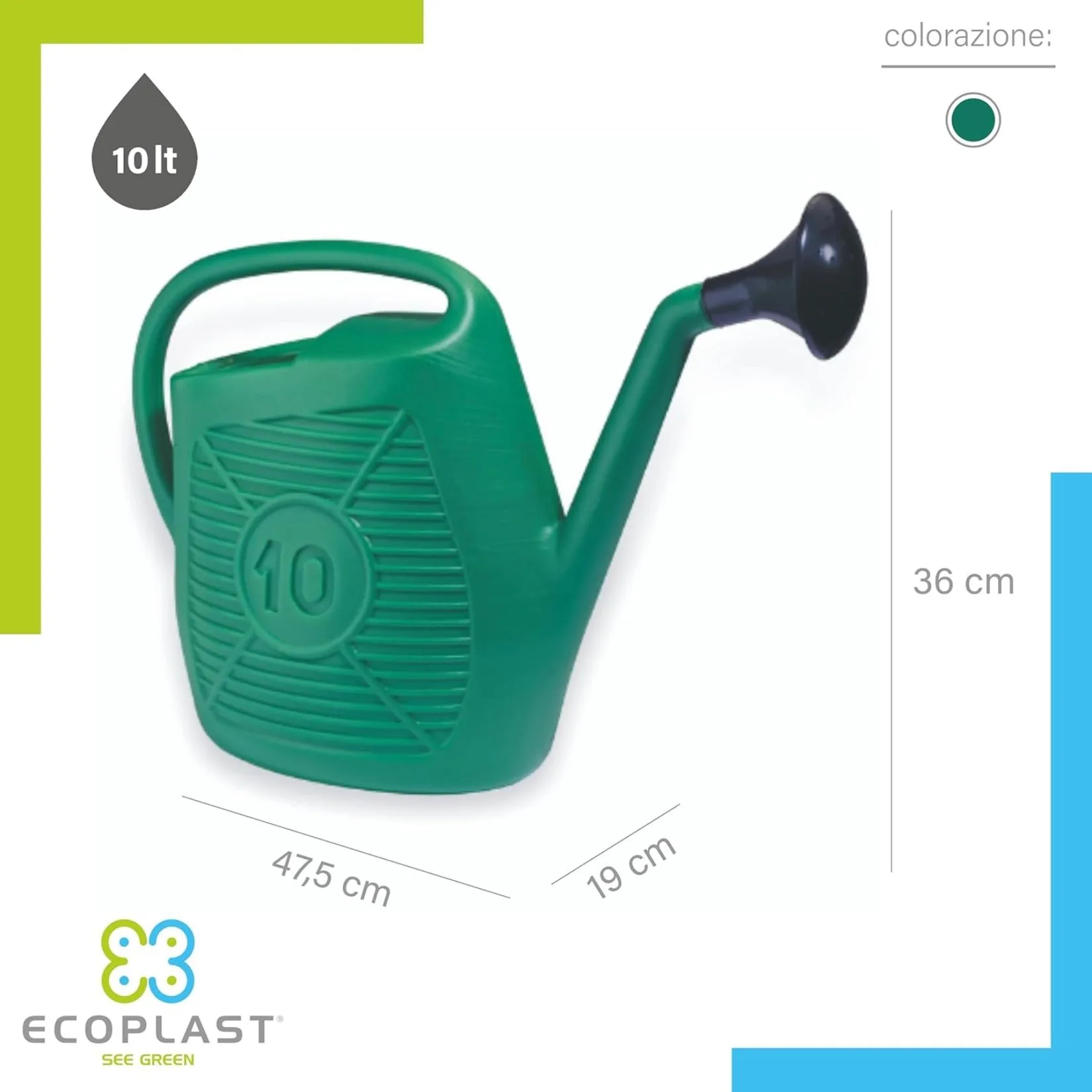 Annaffiatoio Ecoplast 10 Litri in Plastica Verde – Pratico e Resistente per Giardino, Orto e Balcone – 47,5x19x36 cm - immagine 6