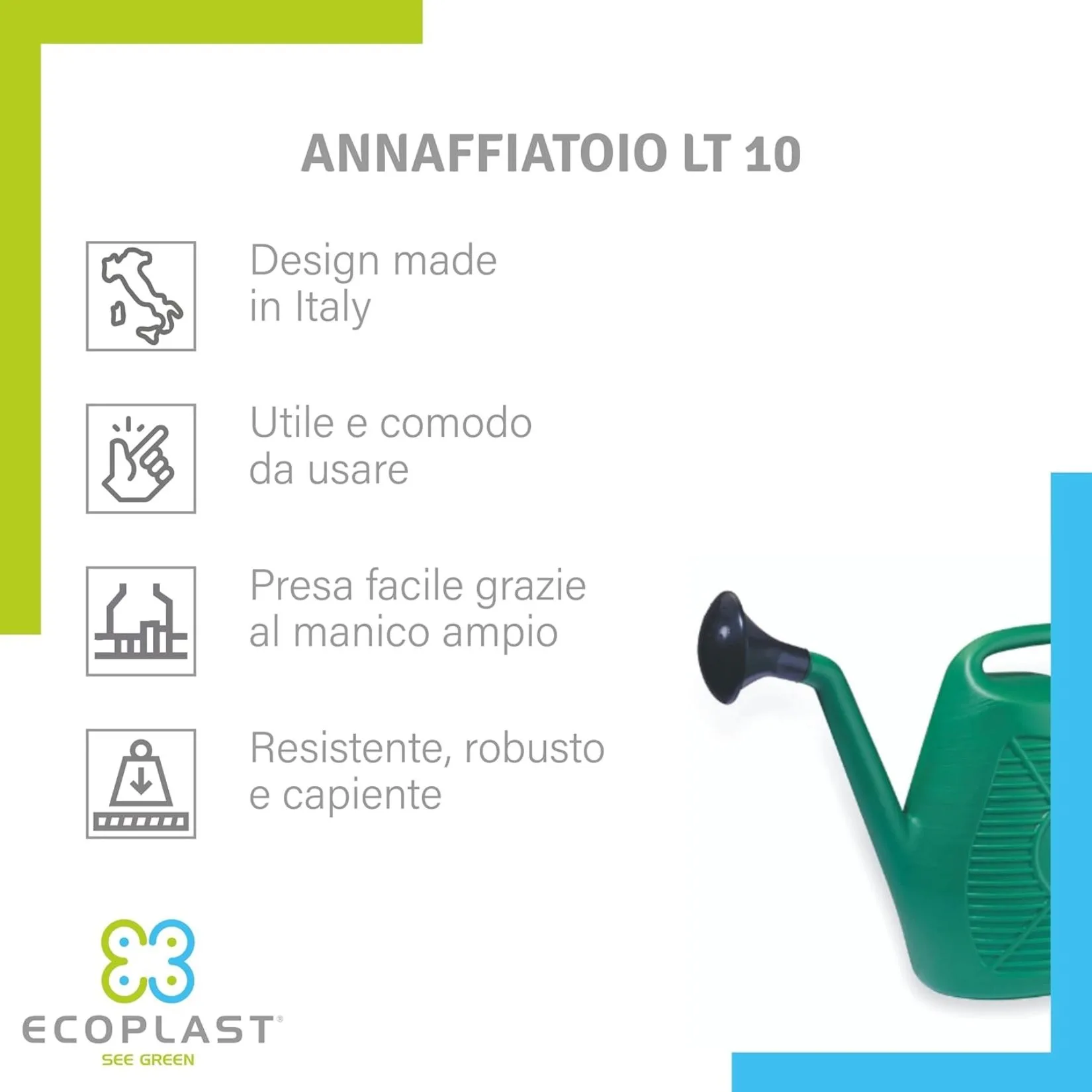Annaffiatoio Ecoplast 10 Litri in Plastica Verde – Pratico e Resistente per Giardino, Orto e Balcone – 47,5x19x36 cm - immagine 2