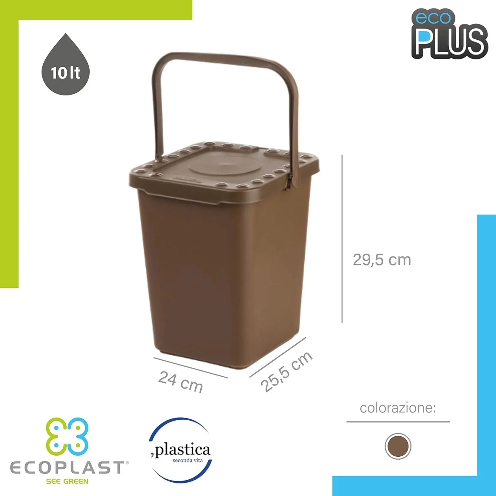 Ecoplast Pattumiera Raccolta Differenziata 10L – Apertura a Libro, Marrone - immagine 2