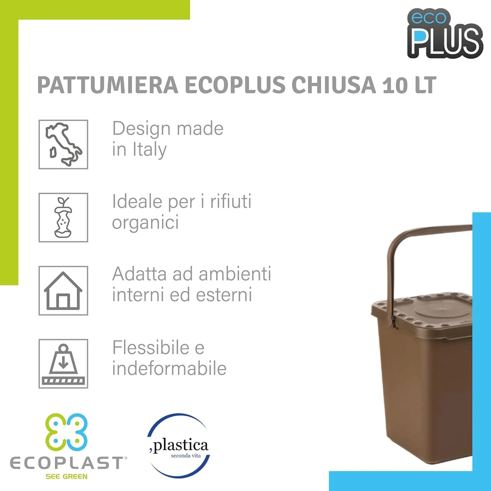 Ecoplast Pattumiera Raccolta Differenziata 10L – Apertura a Libro, Marrone - immagine 3