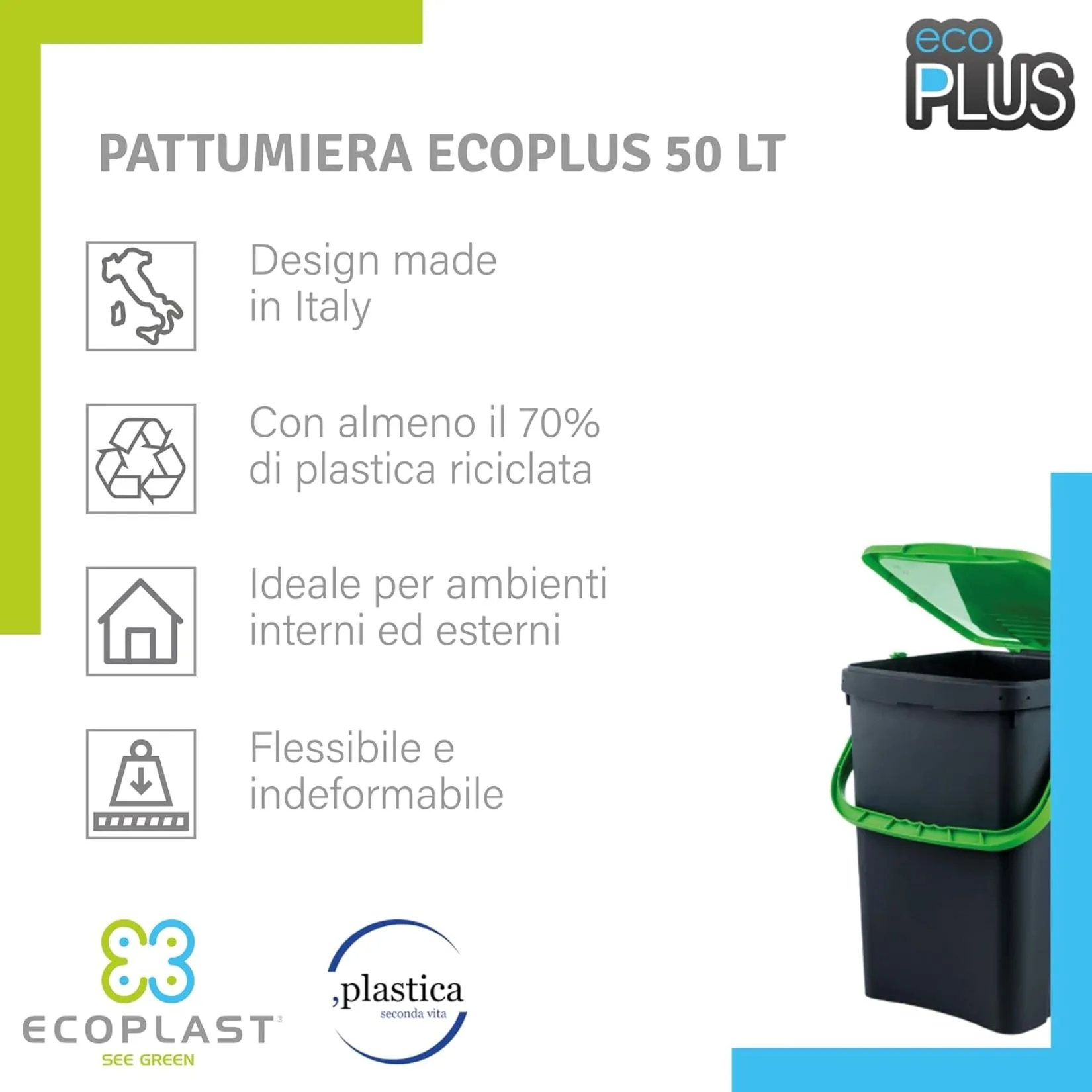 Ecoplast Bidone Raccolta Differenziata 50L Verde - immagine 3