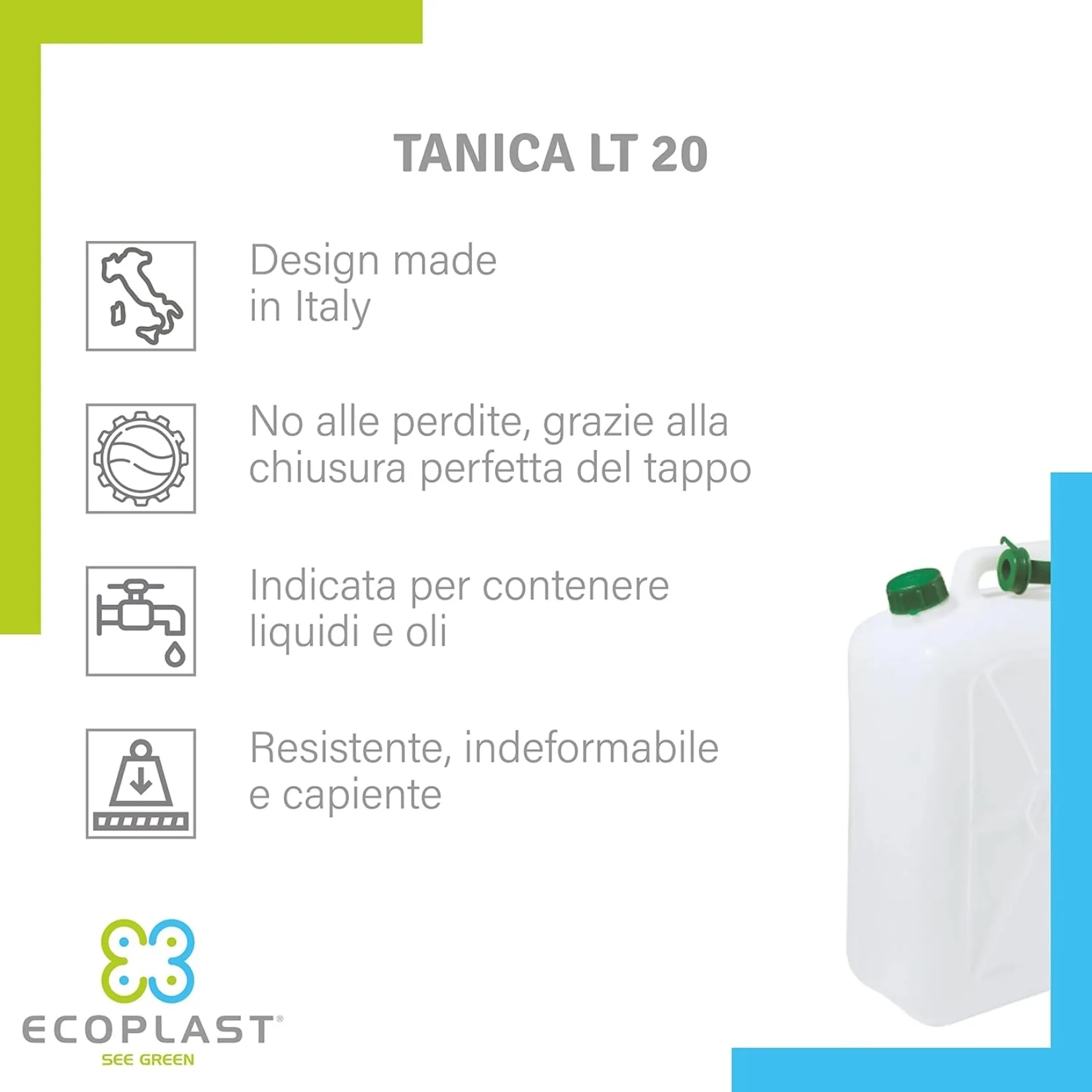 Ecoplast Tanica 20L – Contenitore in Plastica Neutra, Alta Resistenza, Made in Italy - immagine 3