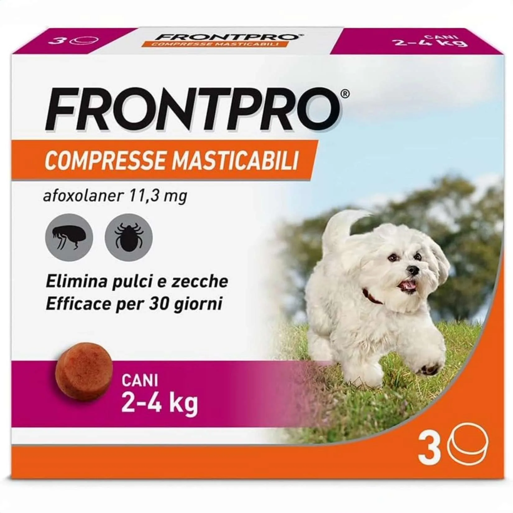 FRONTPRO 2–4 kg – Compresse masticabili antiparassitarie con Afoxolaner per cani piccoli. Protezione completa contro pulci zecche uova e larve FRONTPRO 2–4 kg – Compresse masticabili antiparassitarie con Afoxolaner per cani piccoli. Protezione completa contro pulci zecche uova e larve