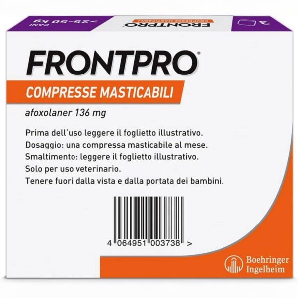 FRONTPRO Cani 25-50 kg – 3 Compresse Masticabili Antiparassitarie con Afoxolaner 136 mg contro Pulci, Zecche, Uova e Larve - immagine 2