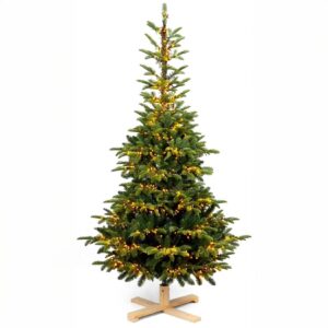 Albero di Natale 210 cm Modello Robin con base in legno, 731 rami in PE+PVC e luci LED calde integrate con giochi di luce.