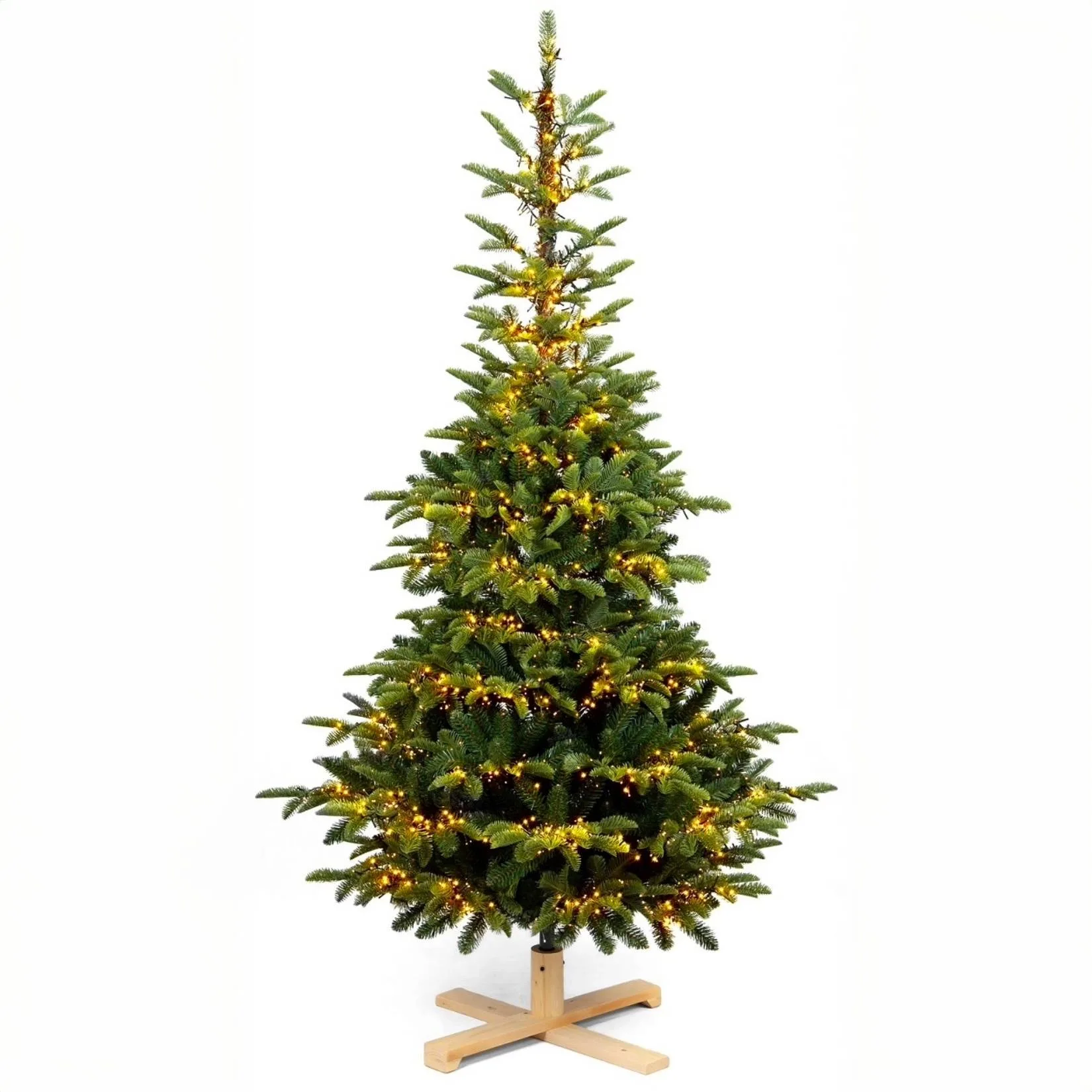Albero di Natale 210 cm Modello Robin con base in legno, 731 rami in PE+PVC e luci LED calde integrate con giochi di luce.