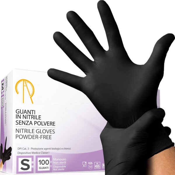 Rocard Guanti Nitrile Neri Senza Polvere – 100 Pezzi Monouso – Ipoallergenici per Estetisti, Tatuatori e Uso Medico - immagine 1