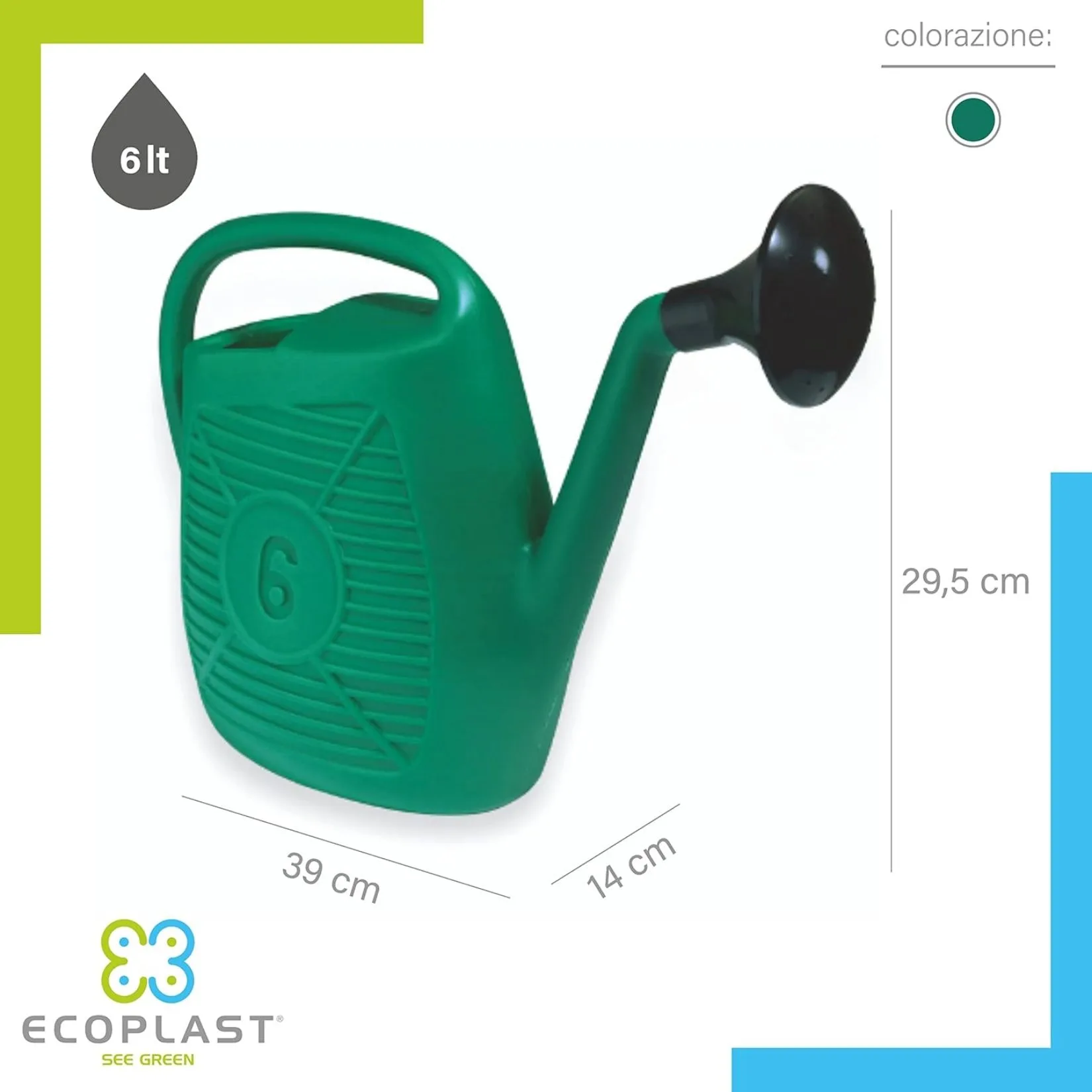 Annaffiatoio da Giardino Ecoplast 6L – In Plastica Verde Resistente, Made in Italy – Comodo e Leggero - immagine 2