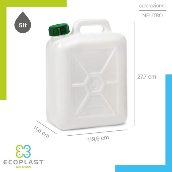Tanica 5 Litri Ecoplast – Fusto in Plastica Neutra Resistente per Liquidi, Alimenti o Uso Tecnico - immagine 2