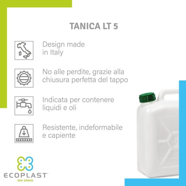 Tanica 5 Litri Ecoplast – Fusto in Plastica Neutra Resistente per Liquidi, Alimenti o Uso Tecnico - immagine 3