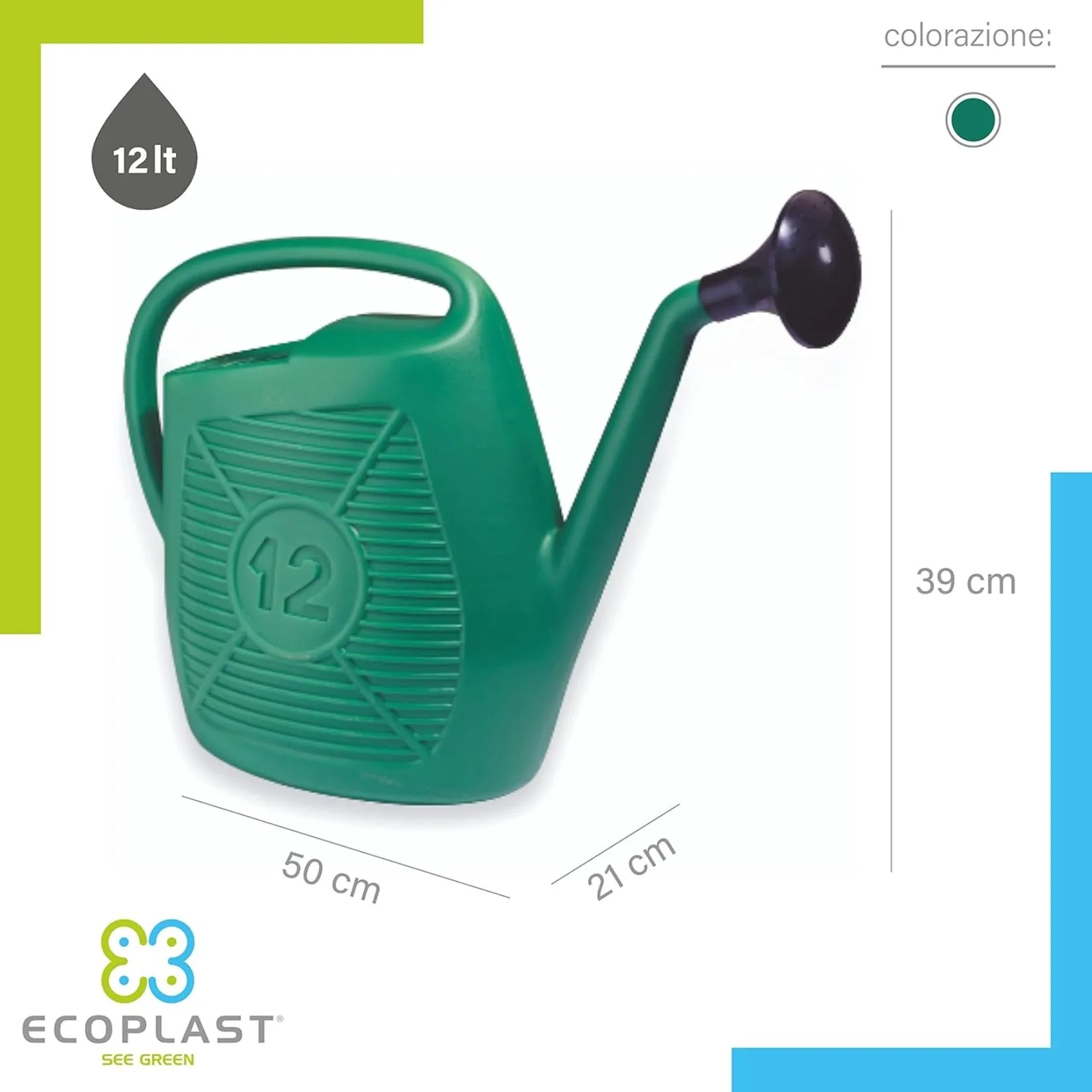 Annaffiatoio Ecoplast 12 Litri – In Plastica Verde Resistente per Giardino – Capiente e Facile da Usare - immagine 4