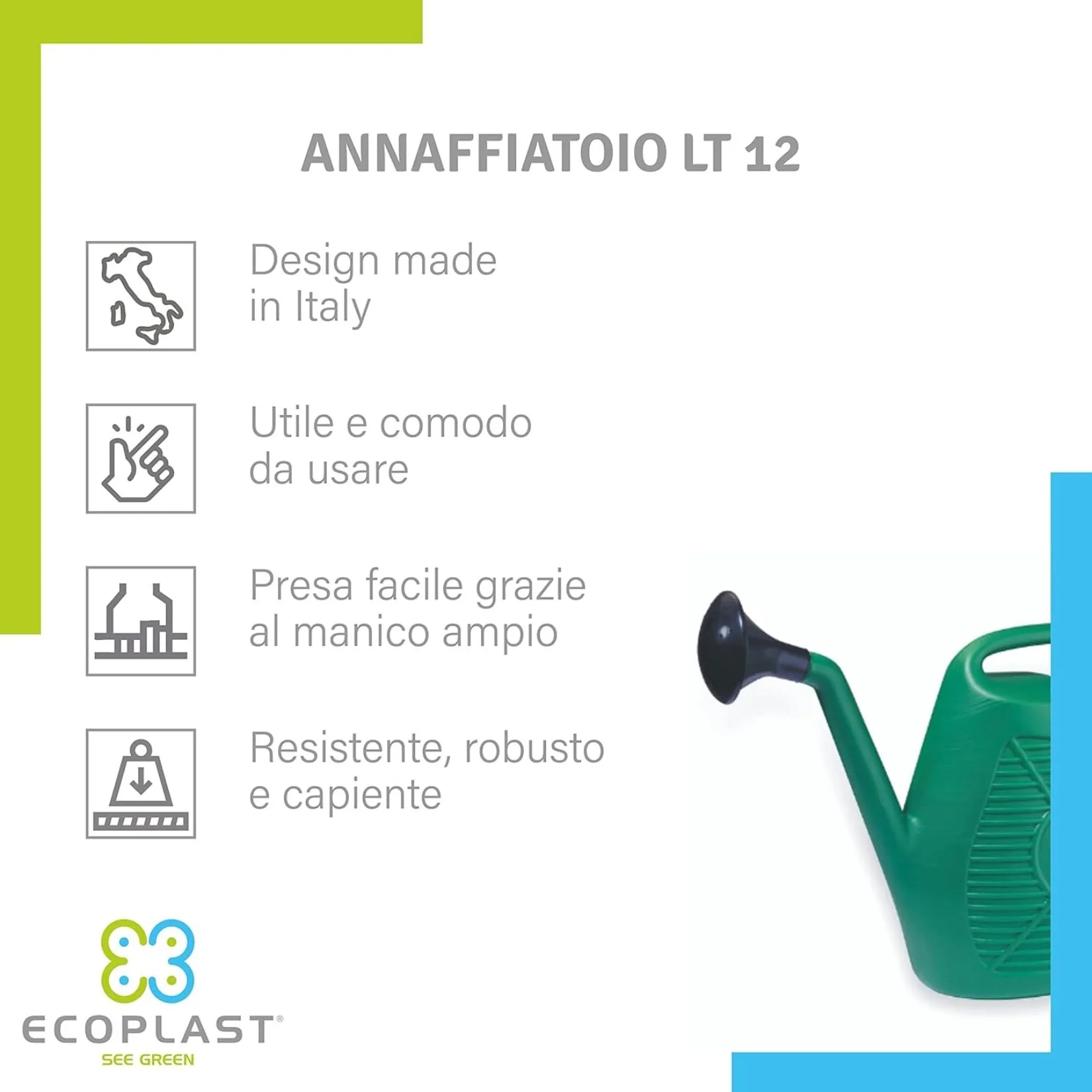 Annaffiatoio Ecoplast 12 Litri – In Plastica Verde Resistente per Giardino – Capiente e Facile da Usare - immagine 2