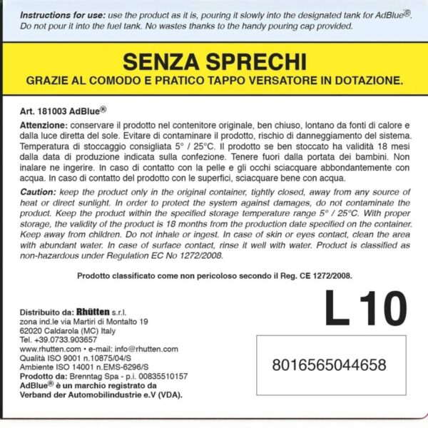 Rhütten AdBlue 10?L – Urea Purissima BASF ISO?22241, Additivo Sintetico per Motori Diesel Euro?6 - immagine 2