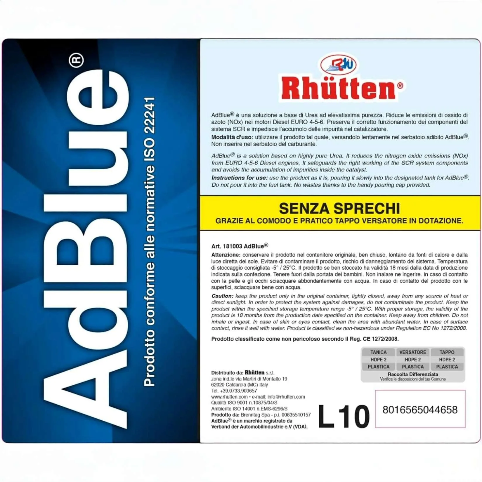 Rhütten AdBlue 10?L – Urea Purissima BASF ISO?22241, Additivo Sintetico per Motori Diesel Euro?6 - immagine 3