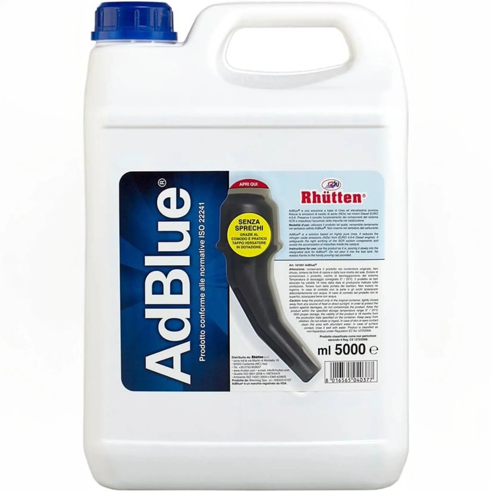 Rhütten AdBlue 5L urea purissima BASF ISO22241 tappo versatore
