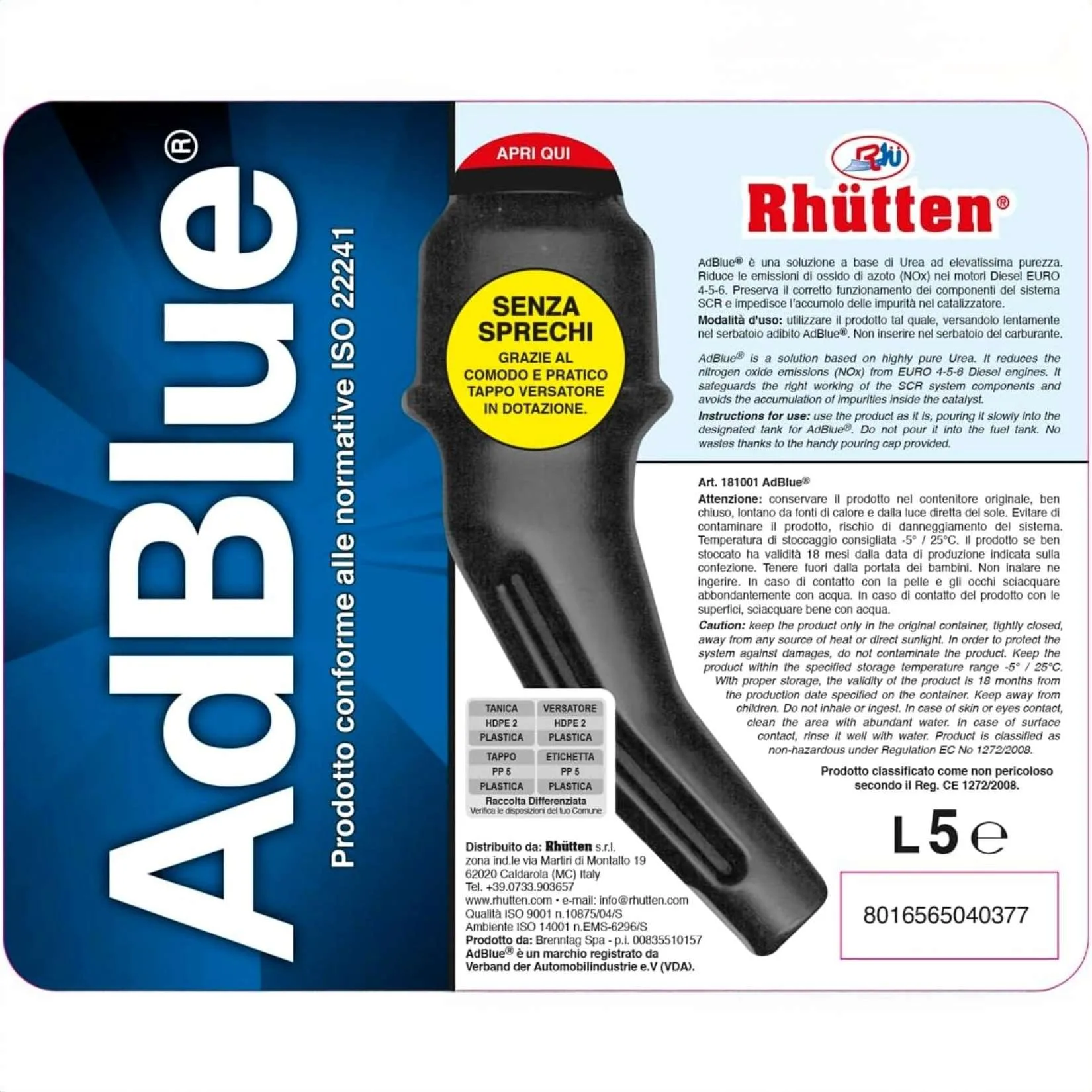 Rhütten AdBlue 5 Litri – Urea Purissima BASF ISO 22241 per Motori Diesel Euro 6 con Tappo Versatore - immagine 7
