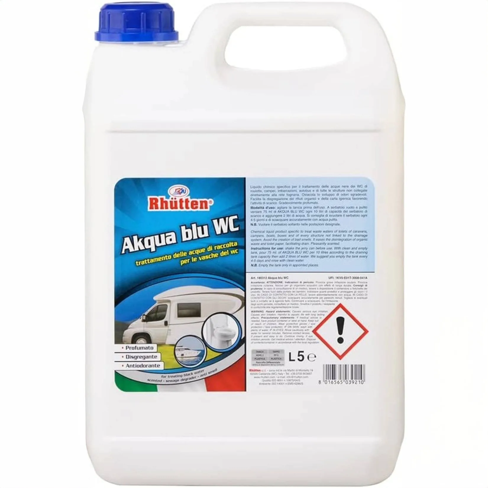 Tanica 5 L di Rhütten Akqua Blu WC – liquido disgregante per acque nere di camper, roulotte, barche e bagni mobili