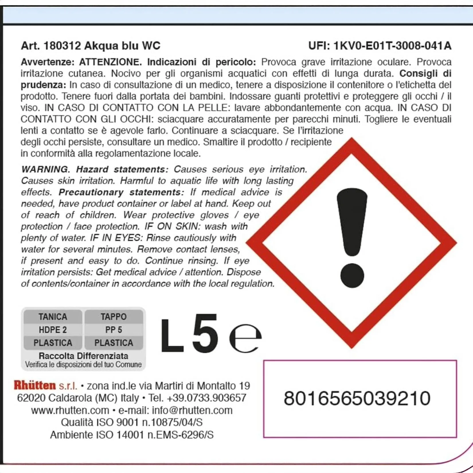 Rhütten Akqua Blu WC 5 Litri – Disgregante Chimico Camper & Liquido Acque Nere Blu - immagine 2