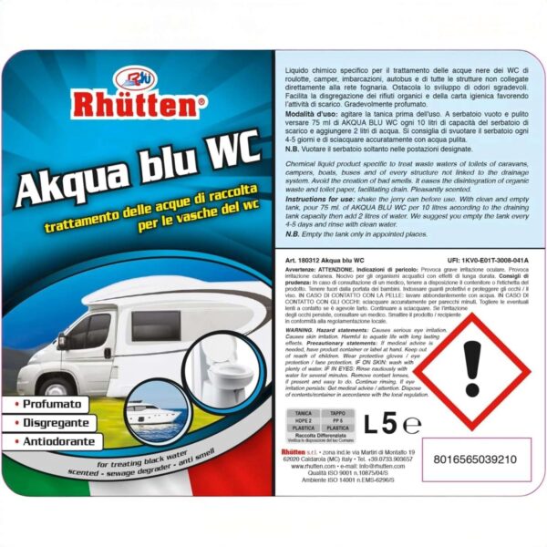 Rhütten Akqua Blu WC 5 Litri – Disgregante Chimico Camper & Liquido Acque Nere Blu - immagine 3