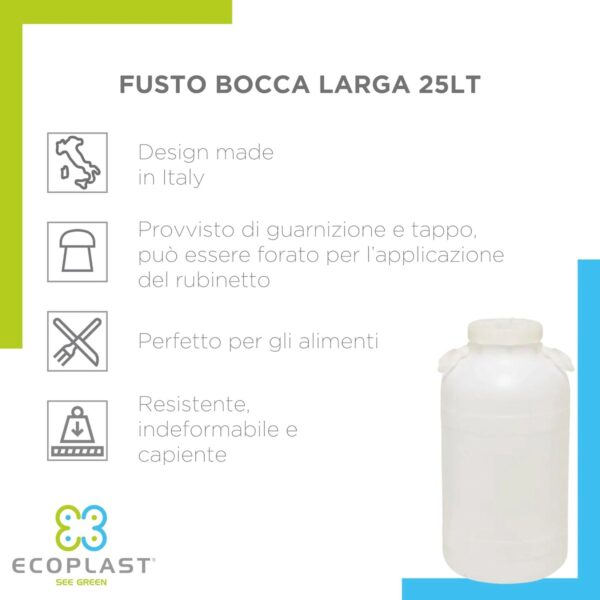 Ecoplast – Fusto in Plastica 25 Litri a Bocca Larga con Guarnizione e Tappo – Contenitore Alimentare Made in Italy - immagine 4