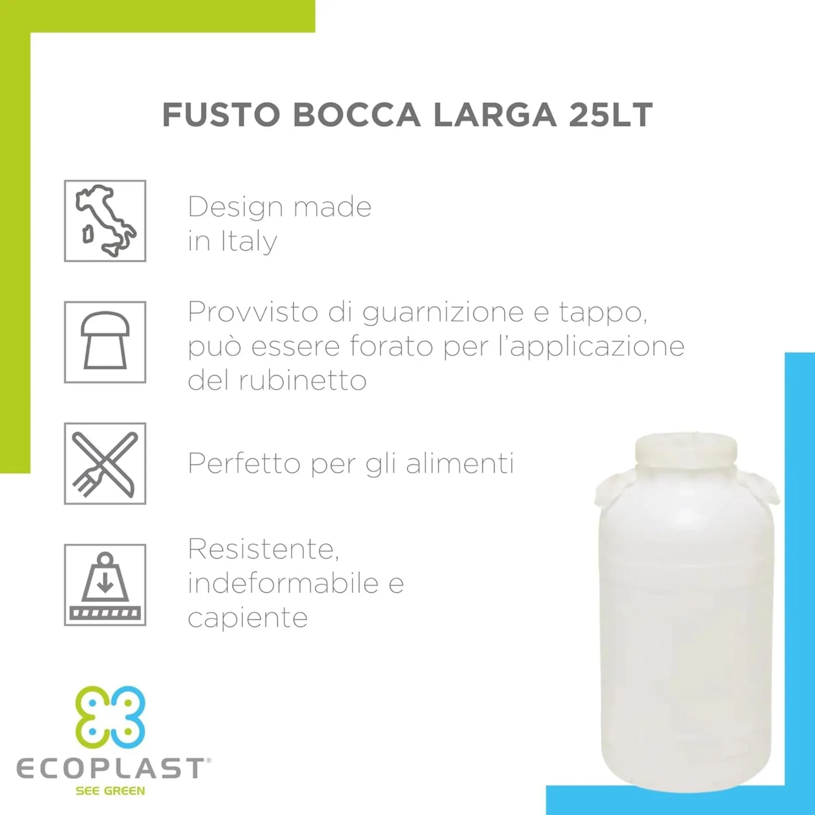 Ecoplast – Fusto in Plastica 25 Litri a Bocca Larga con Guarnizione e Tappo – Contenitore Alimentare Made in Italy - immagine 3
