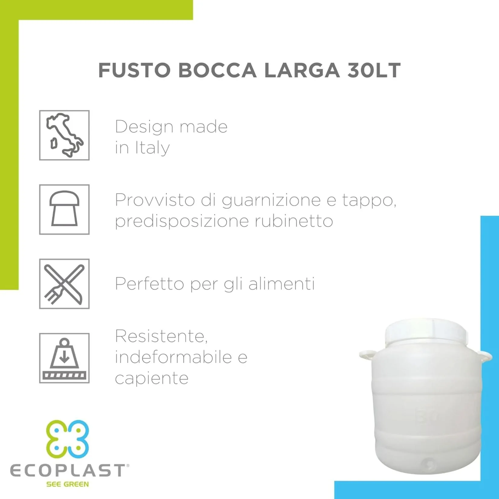 Ecoplast – Fusto in Plastica 30 Litri a Bocca Larga con Guarnizione e Tappo – Contenitore Alimentare  Made in Italy - immagine 3