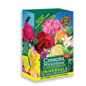 Concime granulare universale Crescita Miracolosa 450 g in confezione con formula NPK e lenta cessione per tutte le piante