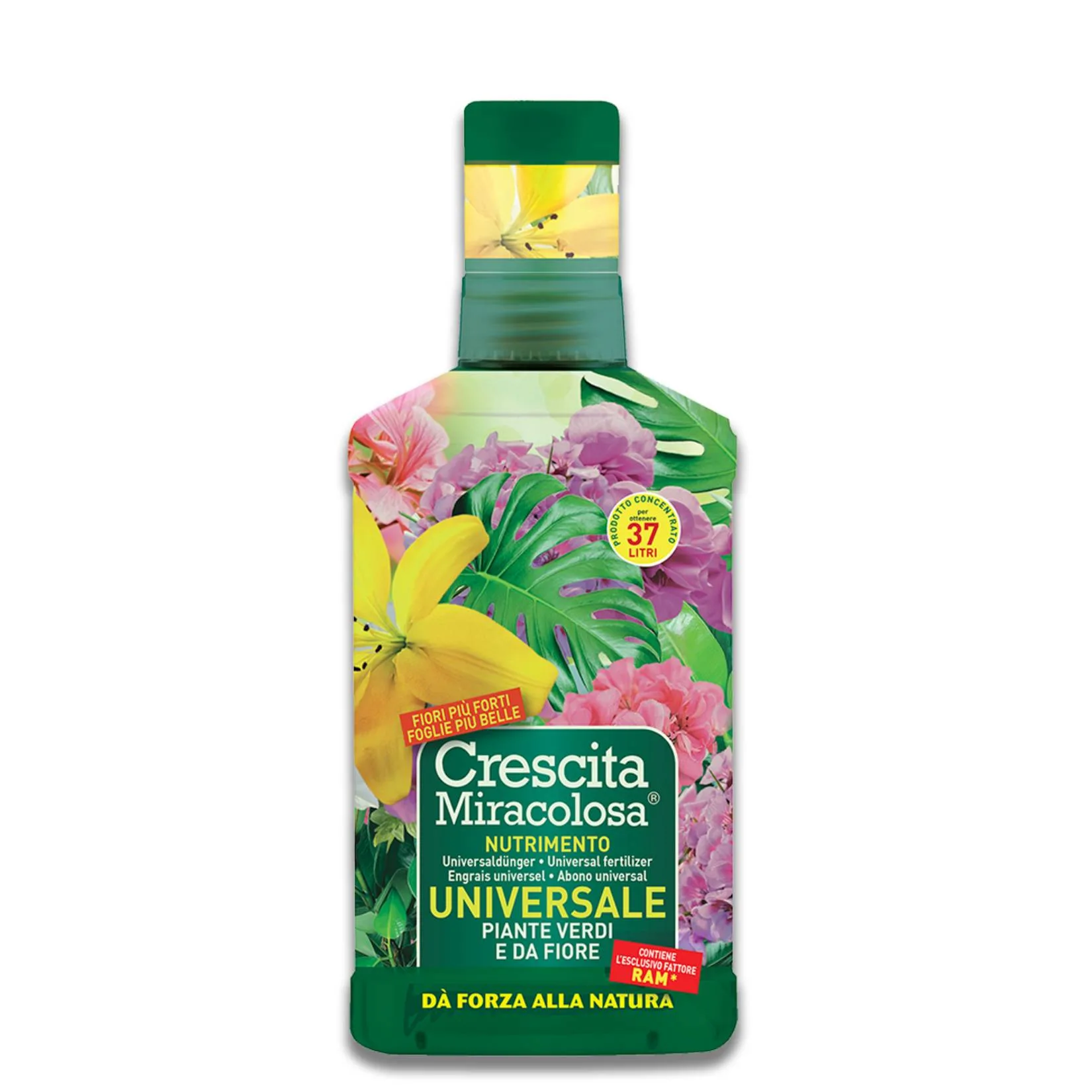 Crescita Miracolosa Concime Liquido Universale 375 ml – nutrimento completo per piante verdi e da fiore Flacone concime liquido universale Crescita Miracolosa 375 ml con logo e composizione NPK + Fattore RAM