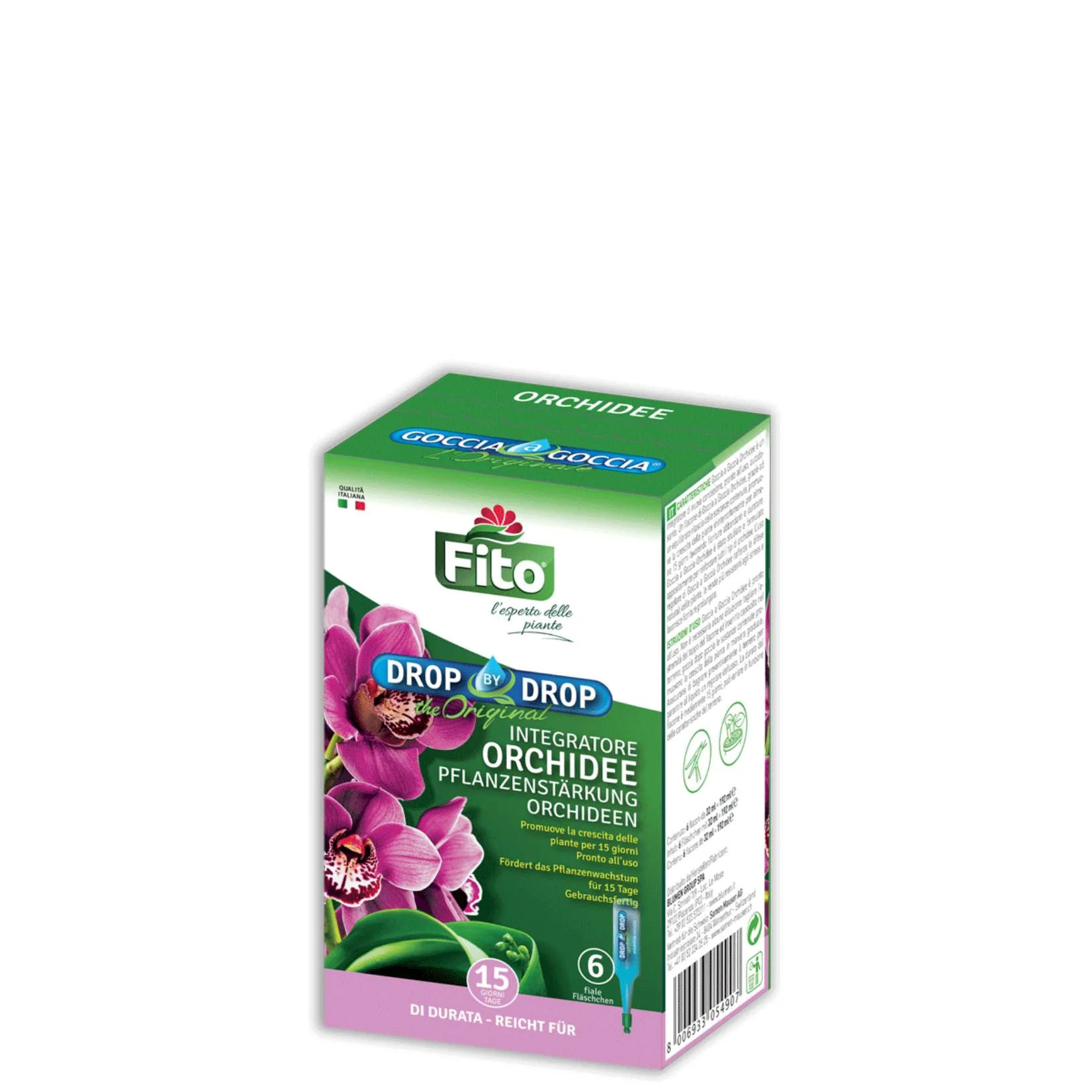 Fito Goccia Orchidee – nutrimento liquido pronto uso per fioritura abbondante e piante rigogliose Fito Goccia a Goccia Orchidee flacone pronto uso verde per nutrimento continuo 15 giorni