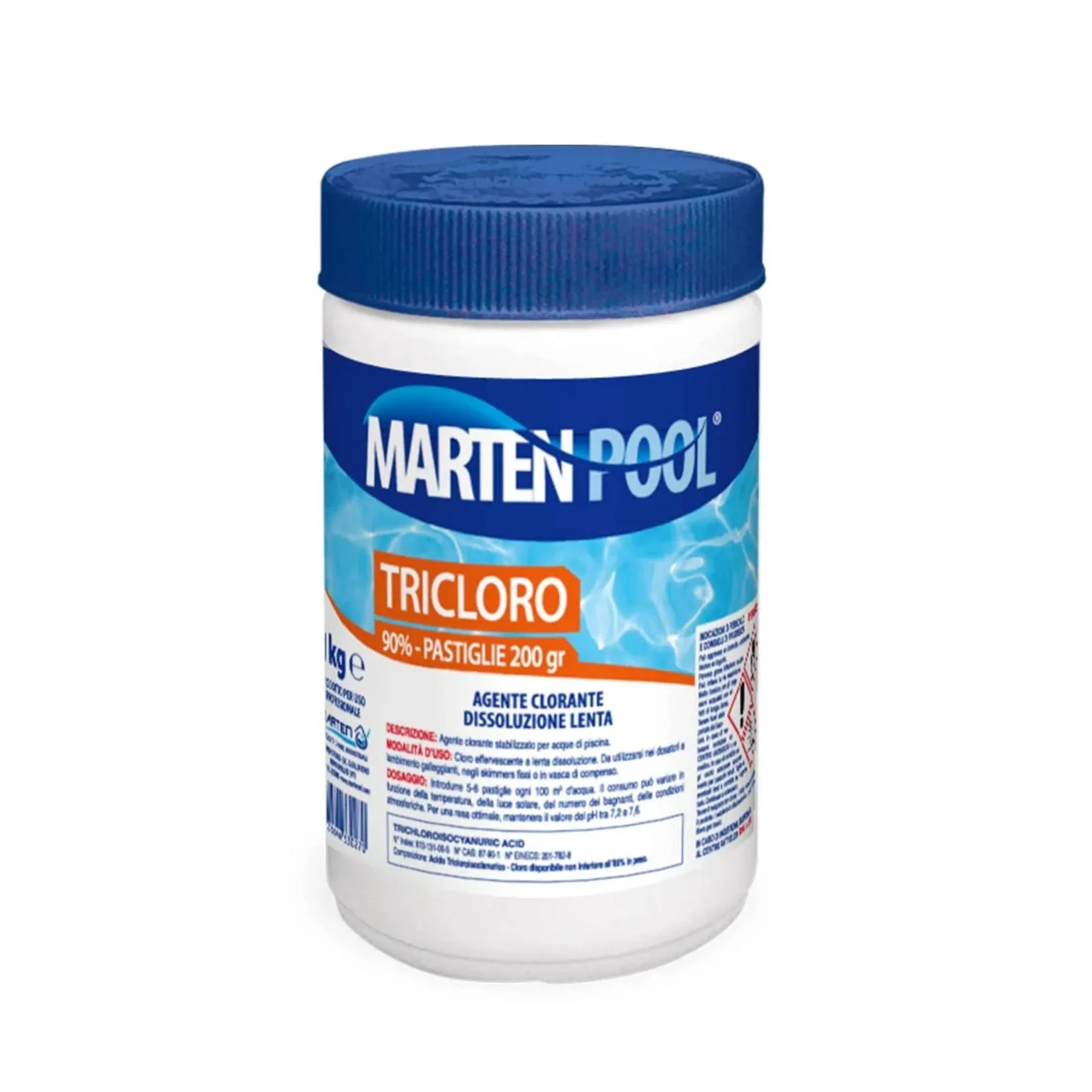 Secchiello Marten Tricloro 90% 1Kg con pastiglie da 200g a lenta dissoluzione per trattamento acqua piscina Secchiello Marten Tricloro 90% 1Kg con pastiglie da 200g a lenta dissoluzione per trattamento acqua piscina