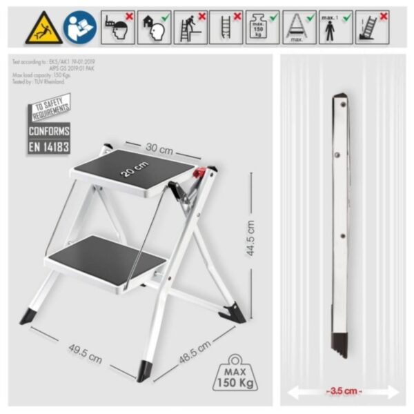 Msv –  Sgabello 2 Gradini Pieghevole Nero – Scala Salvaspazio in Acciaio con Rivestimento Antiscivolo e Piedini in Gomma, Portata 150 kg - immagine 6