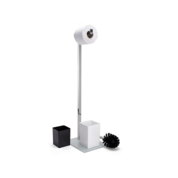 Msv –  WC Combinato 2 in 1 Acciaio Inox e Vetro Bianco – Portarotolo Carta Igienica con Scopino e Contenitore Interno Rimovibile - immagine 2