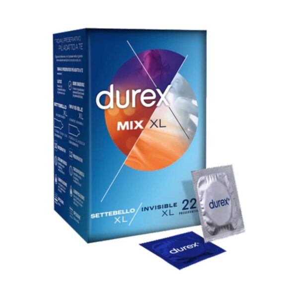 Durex Combo Mix XL – Confezione da 22 Preservativi Extra-Large, Assortiti Lisci & Stimolanti, Easy-On con Serbatoio, Maggiore Comfort per Chi Preferisce Taglia XL. - immagine 1