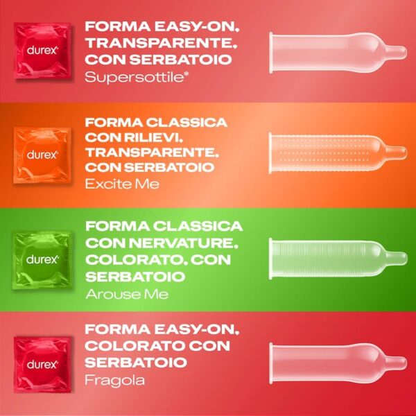 Durex Mix Sorpresa – Preservativi Assortiti Sottili con Rilievi e Nervature, Lubrificati Easy-On con Serbatoio, Piacere Extra, Confezione da 30 Profilattici - immagine 4