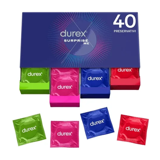 20168-jpg.webp Durex Surprise Me – Kit Preservativi Assortiti Sottili con Rilievi e Nervature, Easy-On Lubrificati con Serbatoio, Confezione da 40 Profilattici - immagine 1