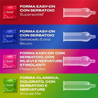 20169.jpg Durex Surprise Me – Kit Preservativi Assortiti Sottili con Rilievi e Nervature, Easy-On Lubrificati con Serbatoio, Confezione da 40 Profilattici - immagine 2