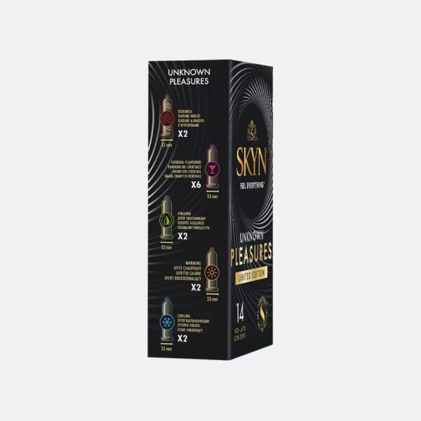 SKYN® Unknown Pleasures – Preservativi Senza Lattice in Poliisoprene (SKYNFEEL®), Assortiti Lisci & Stimolanti, Aromatizzati con Effetto Caldo/Brivido/Fresco, Larghezza 53 mm, con Serbatoio. Confezione da 42 Preservativi - immagine 2