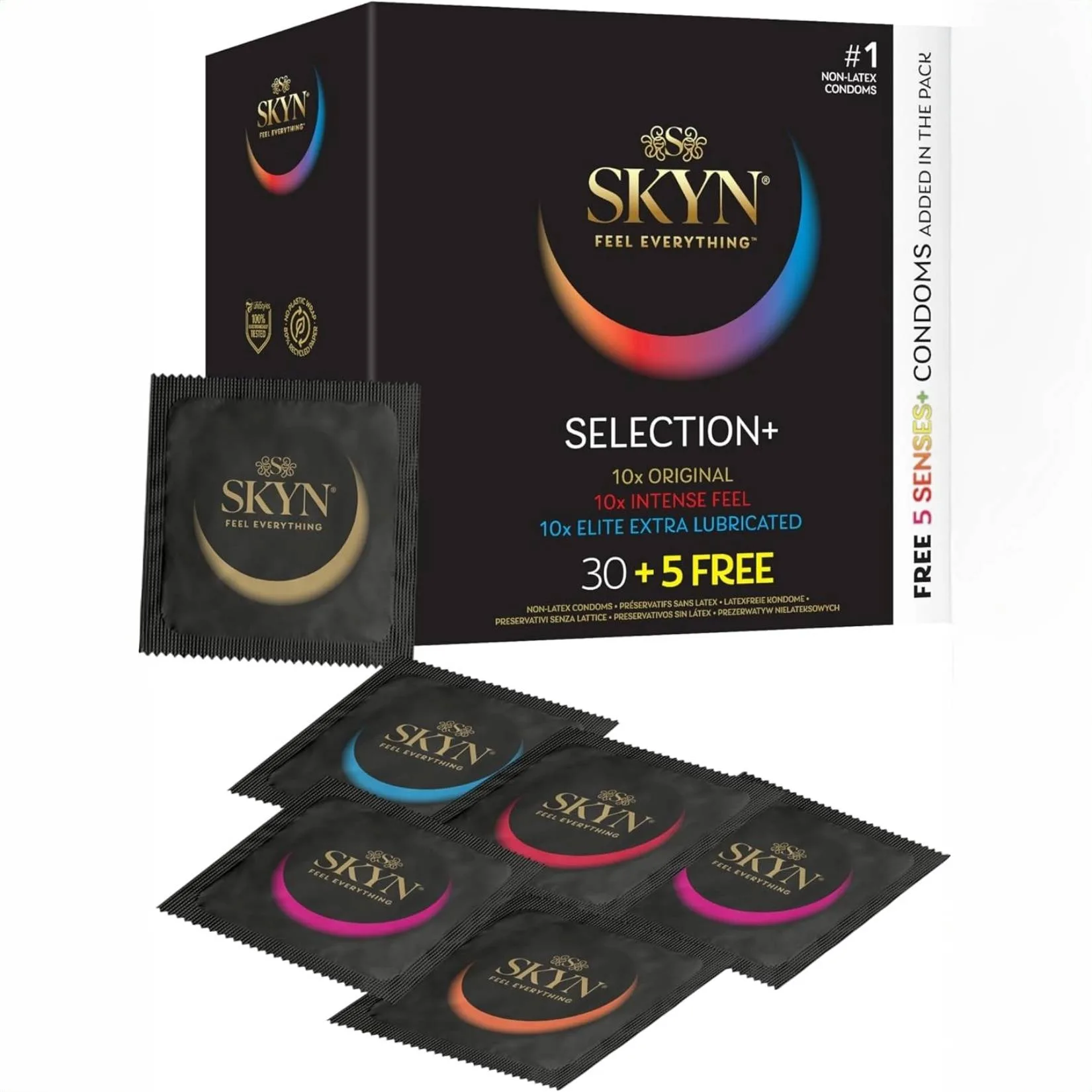 20250-jpg.webp SKYN® Selection – Preservativi Senza Lattice in Poliisoprene (SKYNFEEL®), Assortiti Original/Extra-Lube/Intense Feel, 53 mm Regular, Lisci & Stimolanti con Serbatoio – Confezione da 35 preservativi - immagine 1