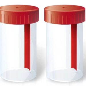 Set 2 contenitori sterili per raccolta feci da 60 ml con paletta integrata e chiusura ermetica, ideali per analisi coprologiche
