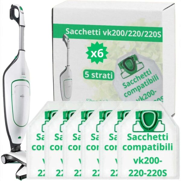Sacchetti Compatibili per Folletto VK200 e VK220S – Confezione da 6, Microfibra Resistente, Antibatterici, Alta Filtrazione, Ricambi per Aspirapolvere Vorwerk - immagine 1